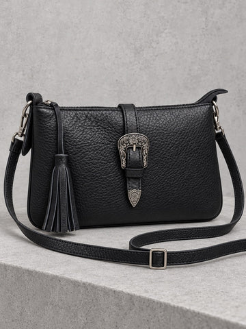 Abelardo Raven Black Pebbled Leather Western Buckle Shoulder Bag & Sling Bag