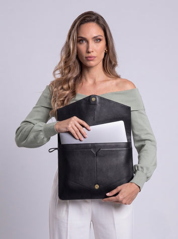 Yola Genuine Leather Laptop Sleeve with Flap for MacBook & Laptops – Classic Black | Premium Leather Case | Abelardo De Moda