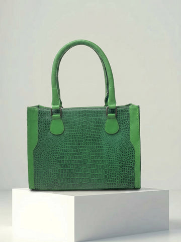 Aira Statement Genuine Neon Green Leather Croc Textured Tote Bag