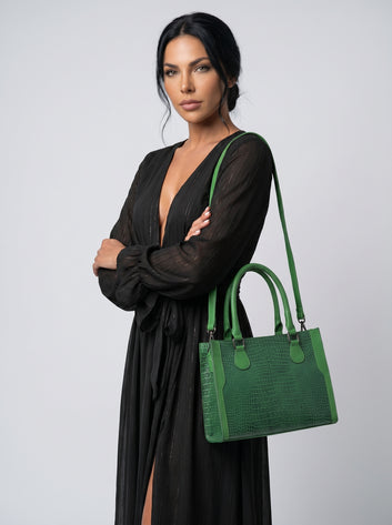 Aira Statement Genuine Neon Green Leather Croc Textured Tote Bag