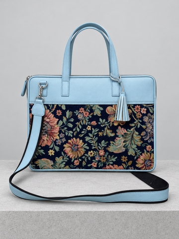 Aanya Blue Floral Premium Jacquard & Genuine Leather Laptop Bag for 16" Laptop & MacBook