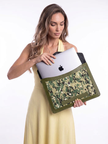 Koda Camo Canvas & Genuine Leather Laptop Sleeve – Olive Green | 14" & 16"