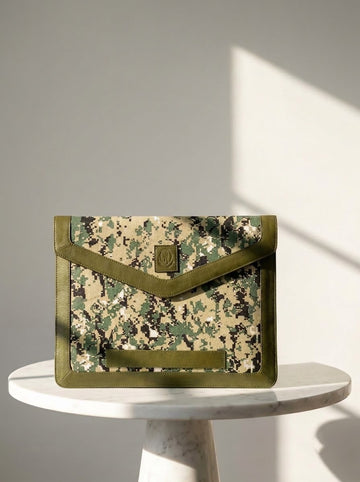 Koda Camo Canvas & Genuine Leather Laptop Sleeve – Olive Green | 14" & 16"