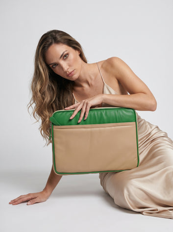 Aveline Genuine Beige/Green Leather Padded Laptop Sleeve – Premium Leather Case for MacBook & Laptops (14" to 16")