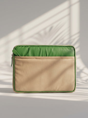 Aveline Genuine Beige/Green Leather Padded Laptop Sleeve – Premium Leather Case for MacBook & Laptops (14" to 16")