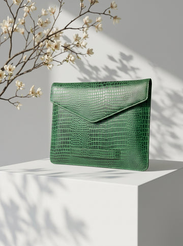 Verde Croco Genuine Leather Laptop Sleeve for MacBook & Laptops – Emerald Croc | Luxury Leather Case | Abelardo De Moda