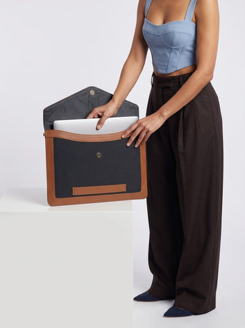 Marlowe Canvas & Genuine Leather Laptop Sleeve – Brown Leather & Charcoal Canvas | 14" & 16"