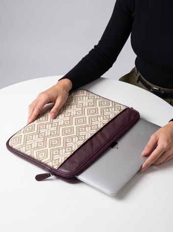 Valentina Premium Jacquard & Genuine Leather Beige Laptop Sleeve for MacBook & Laptops (13"to 16")