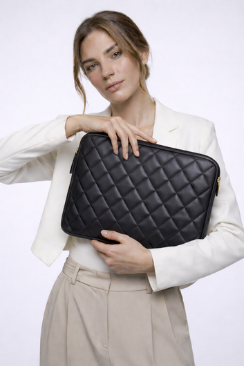 NERISSA BLACK Quilted Leather Laptop Sleeve for 13" to 16" Laptops – Premium Padded Leather Case for MacBook, Laptop, and Tablets – Stylish & Protective Zippered Sleeve