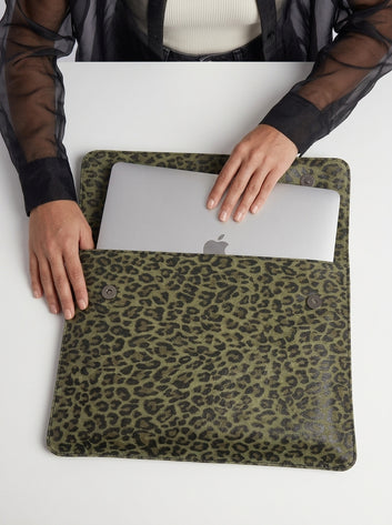 Leone Premium Genuine Leather Laptop Sleeve – Olive Leopard for MacBook Pro, Air & Laptops