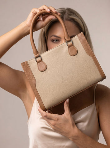 Aira Genuine Beige Leather Structured Tote Bag