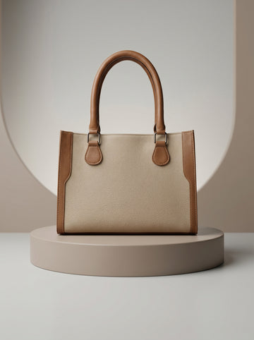 Aira Genuine Beige Leather Structured Tote Bag