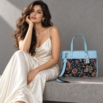 Aanya Blue Floral Premium Jacquard & Genuine Leather Laptop Bag for 16" Laptop & MacBook