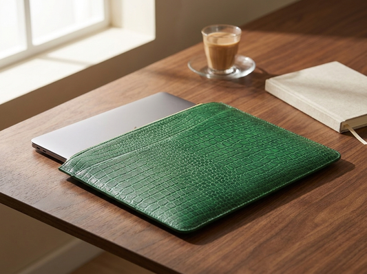 Matteo green croc leather laptop sleeve on a walnut desk in warm morning light
